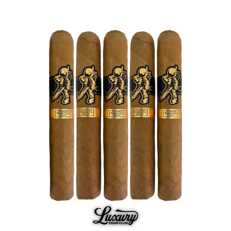 Five Room 101 Johnny Tobacconaut Gordo cigars standing upright in a row, each with a smooth natural wrapper, golden foot band, and prominent black-and-gold astronaut branding.
