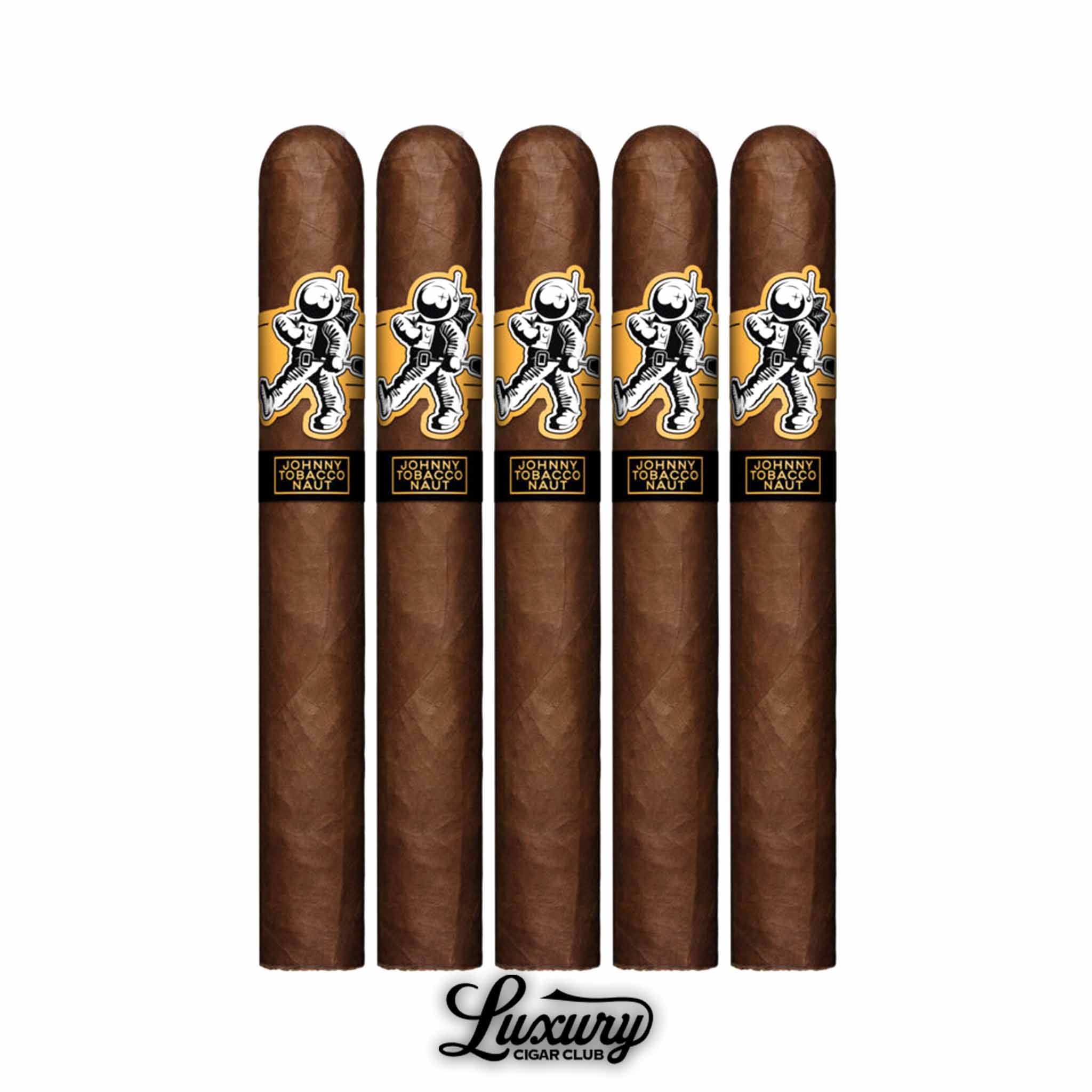 Room 101 Johnny Tobacconaut Maduro cigars five pack lineup showcasing rich maduro wrappers and astronaut band detail Luxury Cigar Club