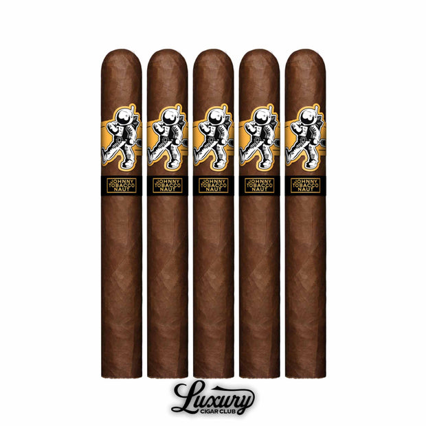 Room 101 Johnny Tobacconaut Maduro cigars five pack lineup showcasing rich maduro wrappers and astronaut band detail Luxury Cigar Club