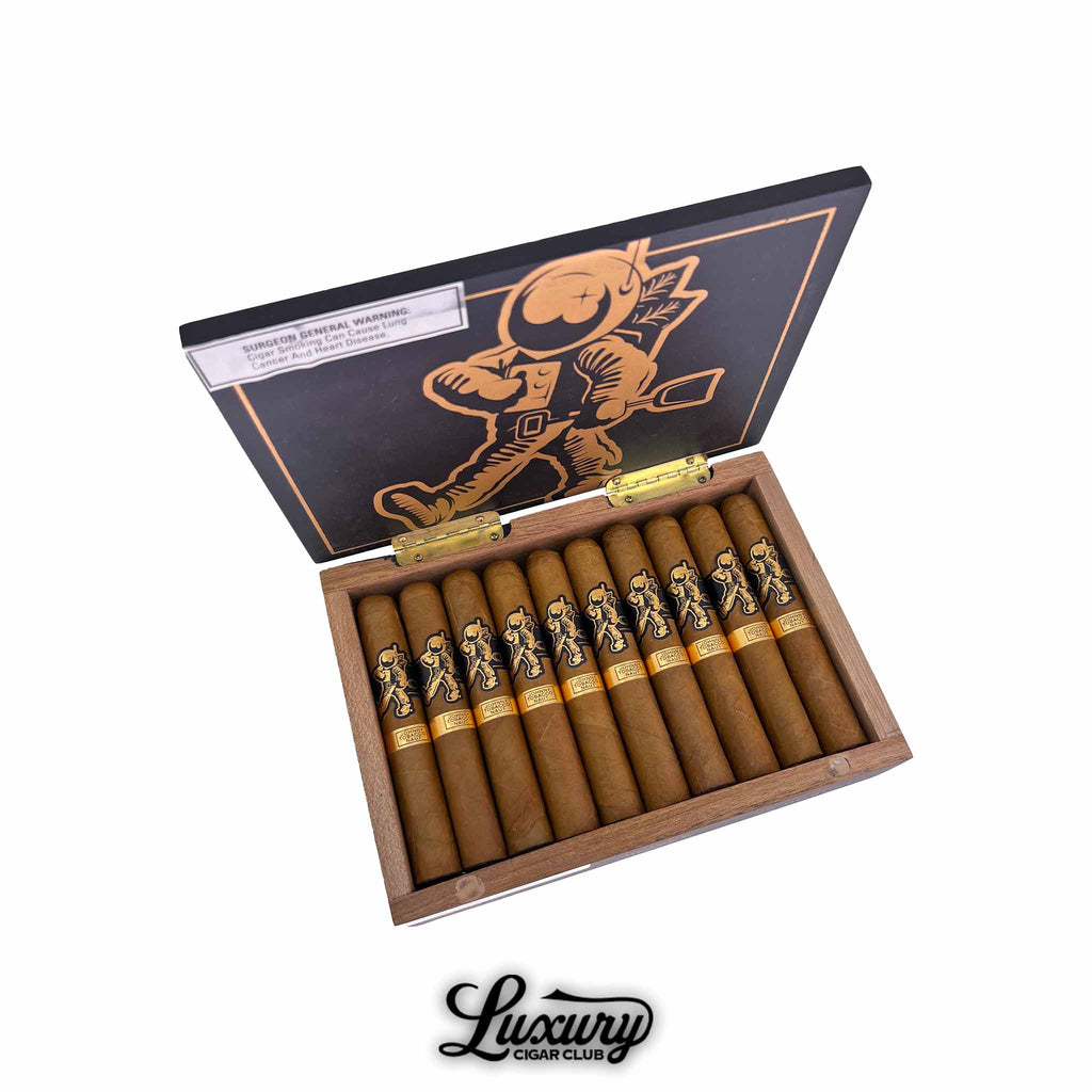 Open box of Room101 Johnny Tobacconaut Robusto cigars, featuring 10 cigars with gold and black astronaut-themed bands. The inside lid displays a bold gold illustration of the Tobacconaut character, with the Luxury Cigar Club logo beneath the box.