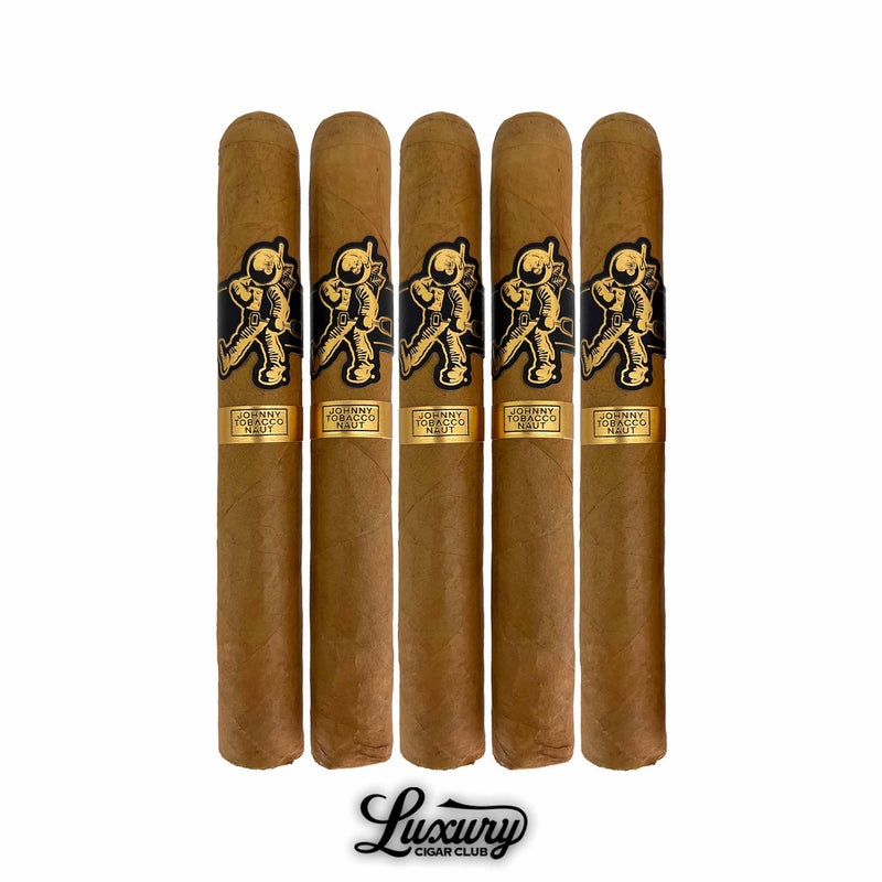Five Room 101 Johnny Tobacconaut Toro cigars standing upright, each with a light-brown wrapper and distinctive black and gold astronaut band featuring the Johnny Tobacconaut branding.