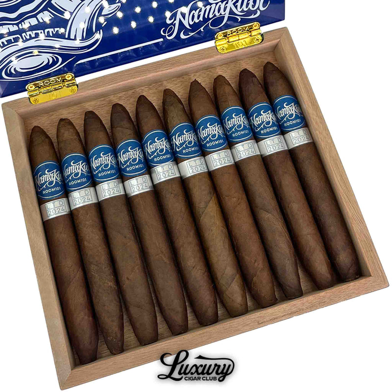 Close-up of Room 101 Namakubi 2024 Limited Edition Chingon cigars highlighting the detailed blue and silver bands, presented by Luxury Cigar Club.