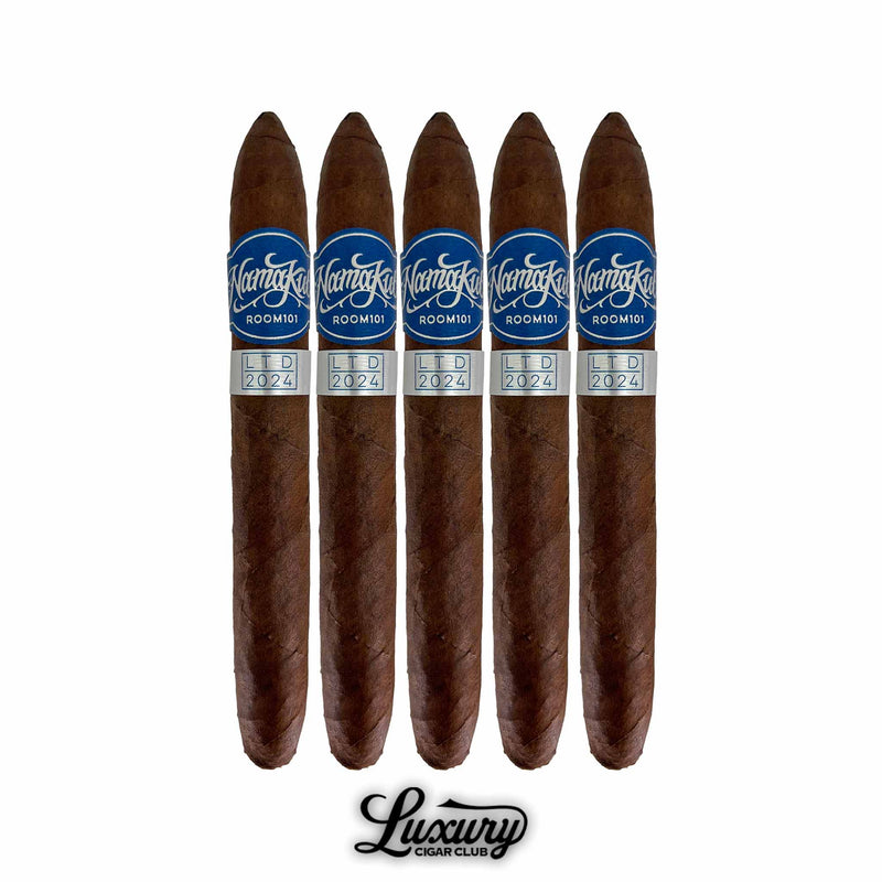 Five Room 101 Namakubi 2024 Limited Edition Chingon cigars lined up to showcase their craftsmanship and limited-edition bands, featured by Luxury Cigar Club.
