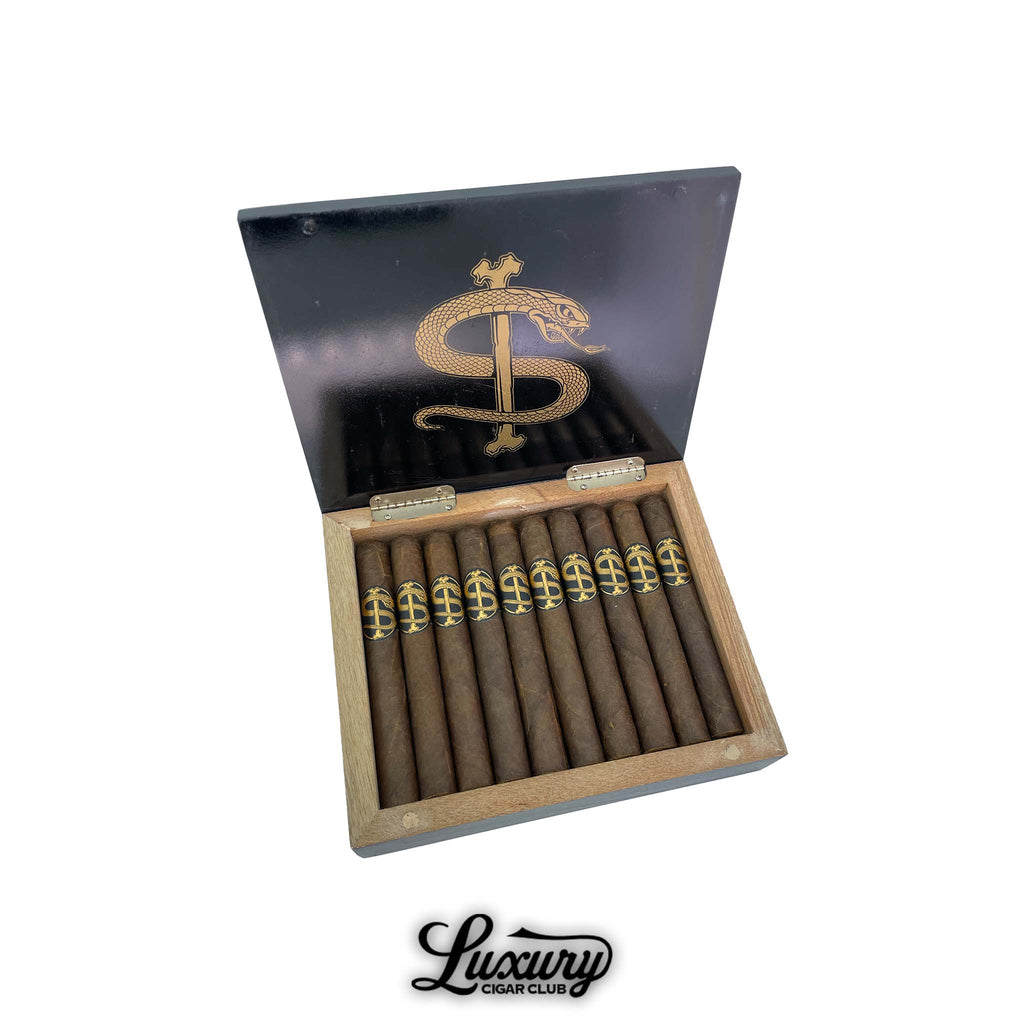 Open wooden box of Room 101 Snake Shake Limited LCC Exclusive Toro cigars with black and gold snake band design, available at Luxury Cigar Club