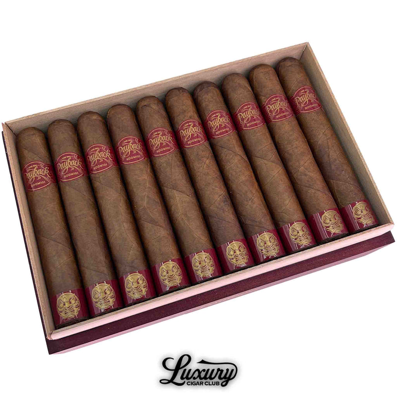 Close-up of Room101 The Big Payback 70s cigars with red and gold labels in box, Luxury Cigar Club
