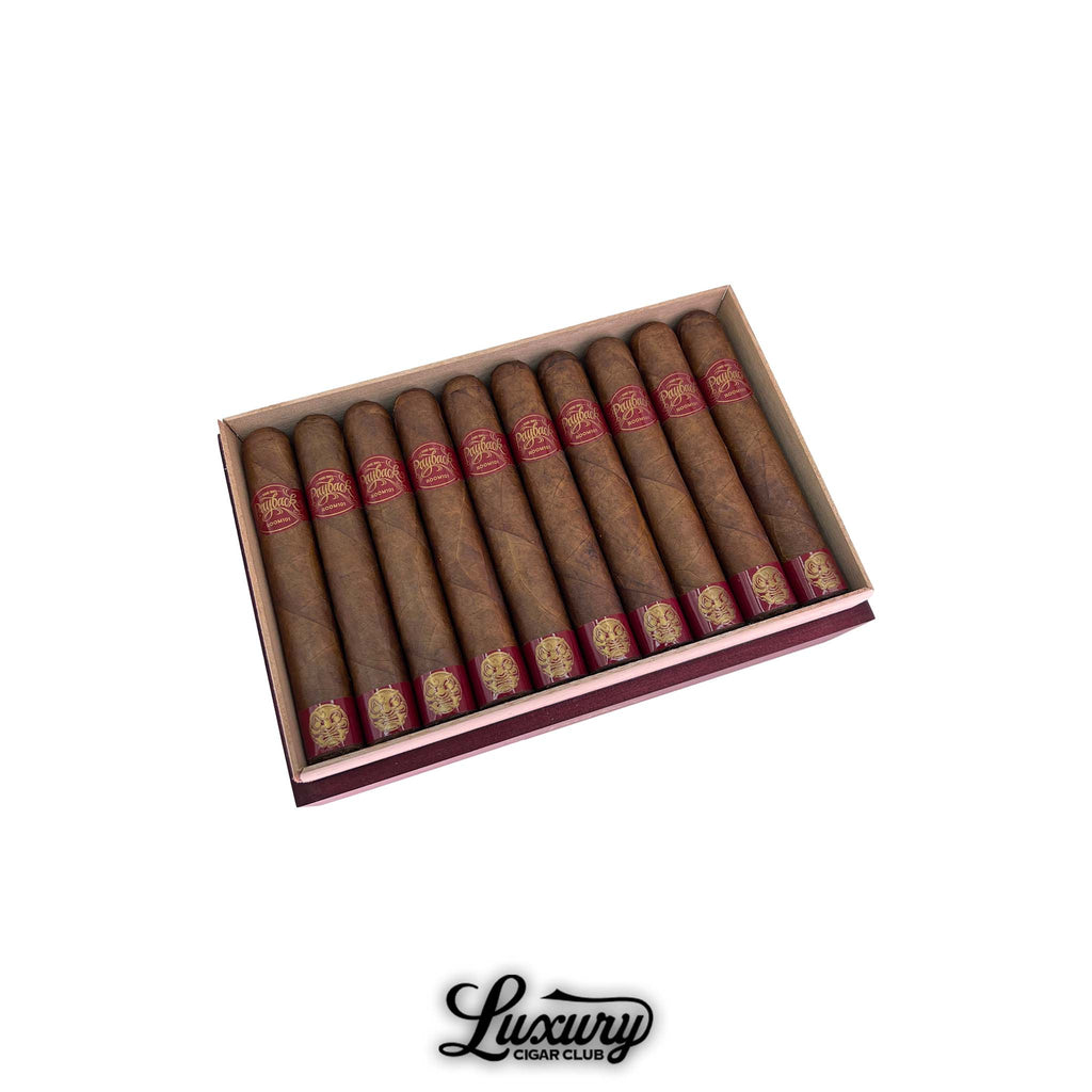 Room101 The Big Payback 70s cigars in open box with red and gold bands, presented by Luxury Cigar Club