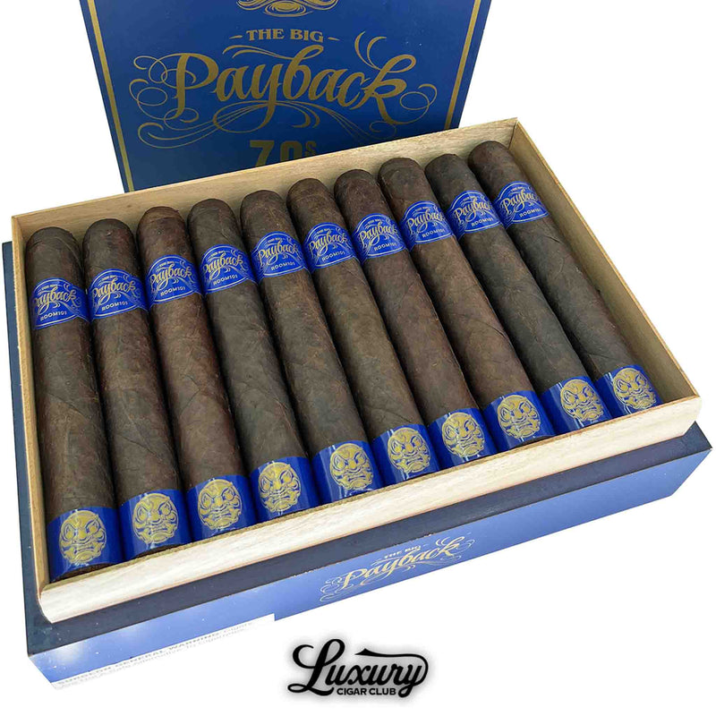 Close-up of Room 101 The Big Payback 70s Maduro cigars inside a blue and gold box, showing detailed blue and gold cigar bands and the rich maduro wrapper leaf.