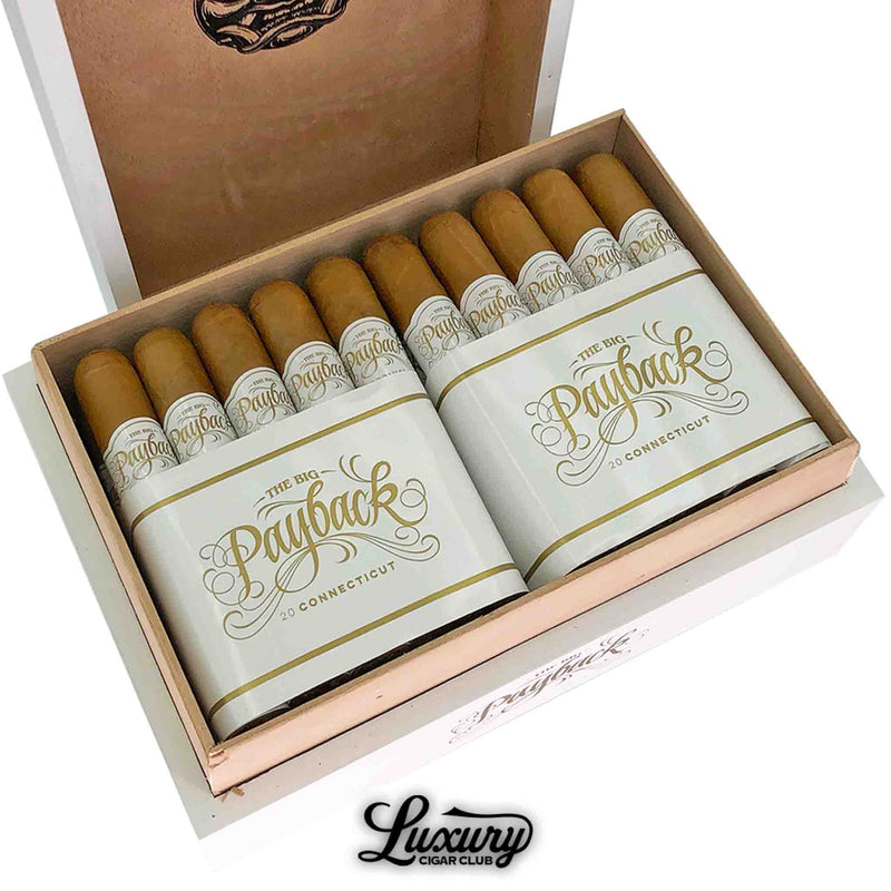 Close-up of Room 101 The Big Payback Connecticut Robusto cigars in a white and gold box, showcasing premium light Connecticut wrappers and detailed banding, from Luxury Cigar Club.