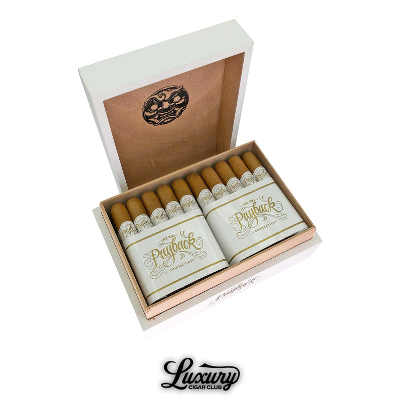 Box of Room 101 The Big Payback Connecticut Robusto cigars with white and gold bands, neatly arranged in a white wooden box with branded lid, available from Luxury Cigar Club.