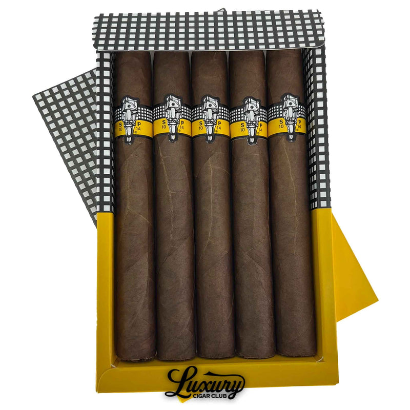 Close-up of five SP1014 Black Doble Corona Cigars (7x54) in an open yellow and black patterned box, showcasing modern band design and Luxury Cigar Club branding.