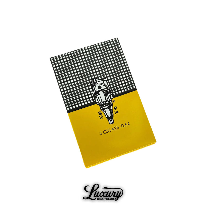 Box of SP1014 Black Doble Corona Cigars containing 5 cigars (7x54) with a modern black-and-yellow design featuring abstract artwork and Luxury Cigar Club branding.