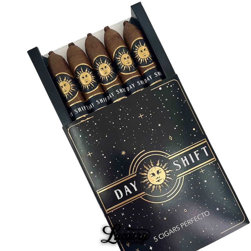 Close-up of five SP1014 Infinity Day Shift Perfecto cigars inside branded packaging, showcasing black and gold cigar bands with a stylized sun design and elegant presentation.