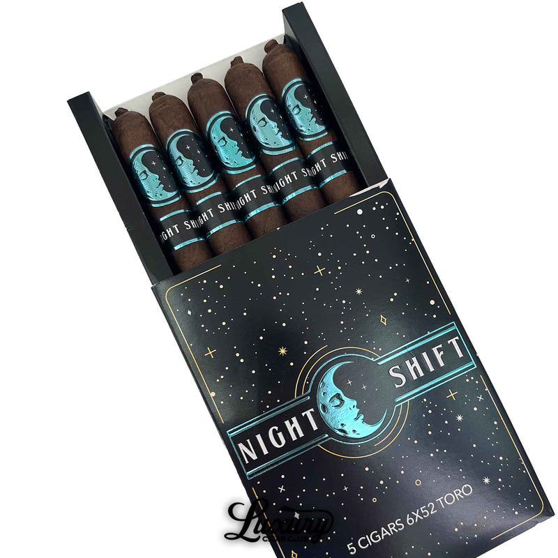 Close-up of five SP1014 Infinity Night Shift Toro cigars in open packaging, showcasing dark maduro wrappers and blue-accented moon-themed cigar bands for a bold nighttime presentation.