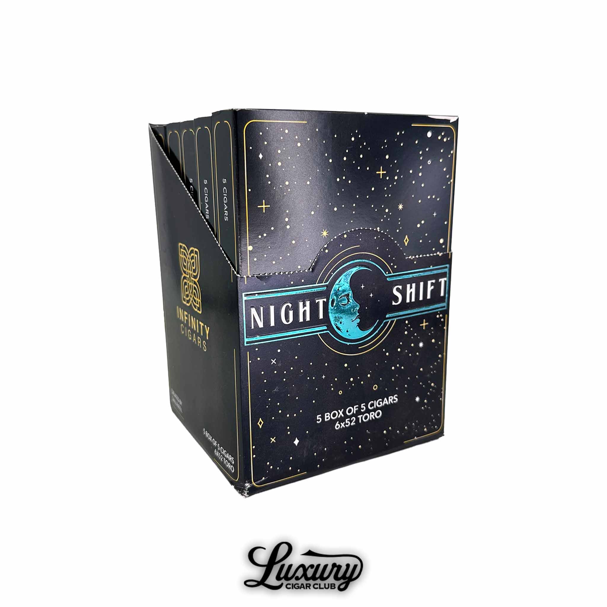 Display box of SP1014 Infinity Night Shift Toro cigars, featuring celestial-themed black and blue packaging with a moon logo, bold “Night Shift” branding, and Luxury Cigar Club logo.