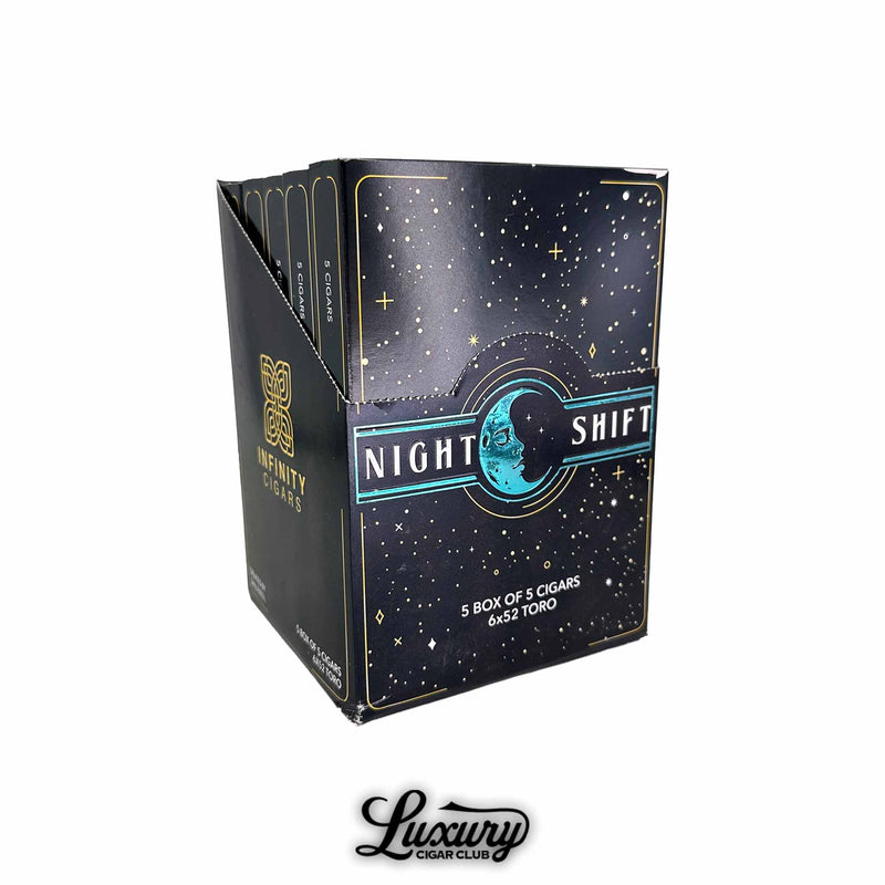 Display box of SP1014 Infinity Night Shift Toro cigars, featuring celestial-themed black and blue packaging with a moon logo, bold “Night Shift” branding, and Luxury Cigar Club logo.