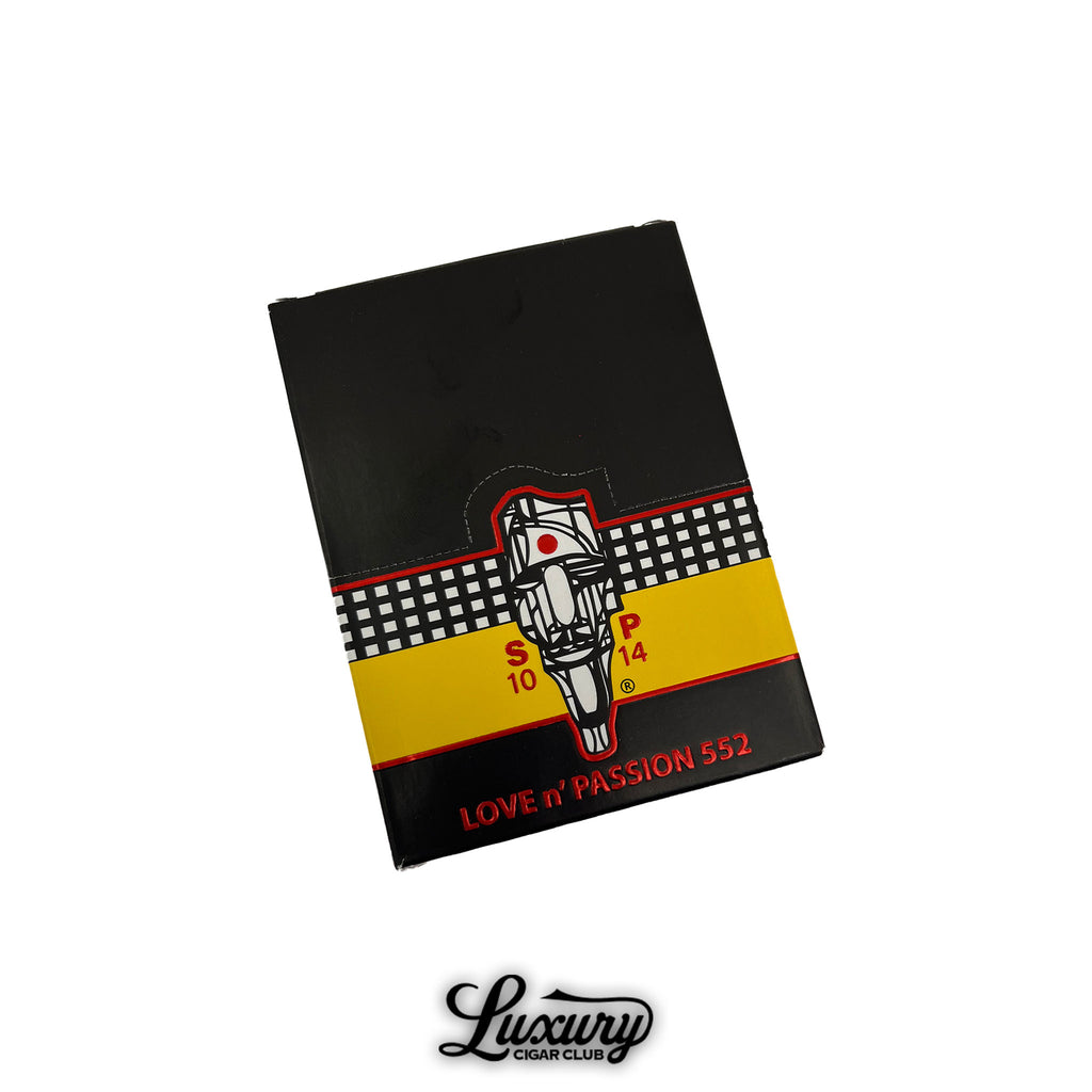 SP1014 Love n’ Passion 552 Robusto cigar box with bold black, yellow, and red design featuring a stylized mask logo, photographed for Luxury Cigar Club online cigar collection.