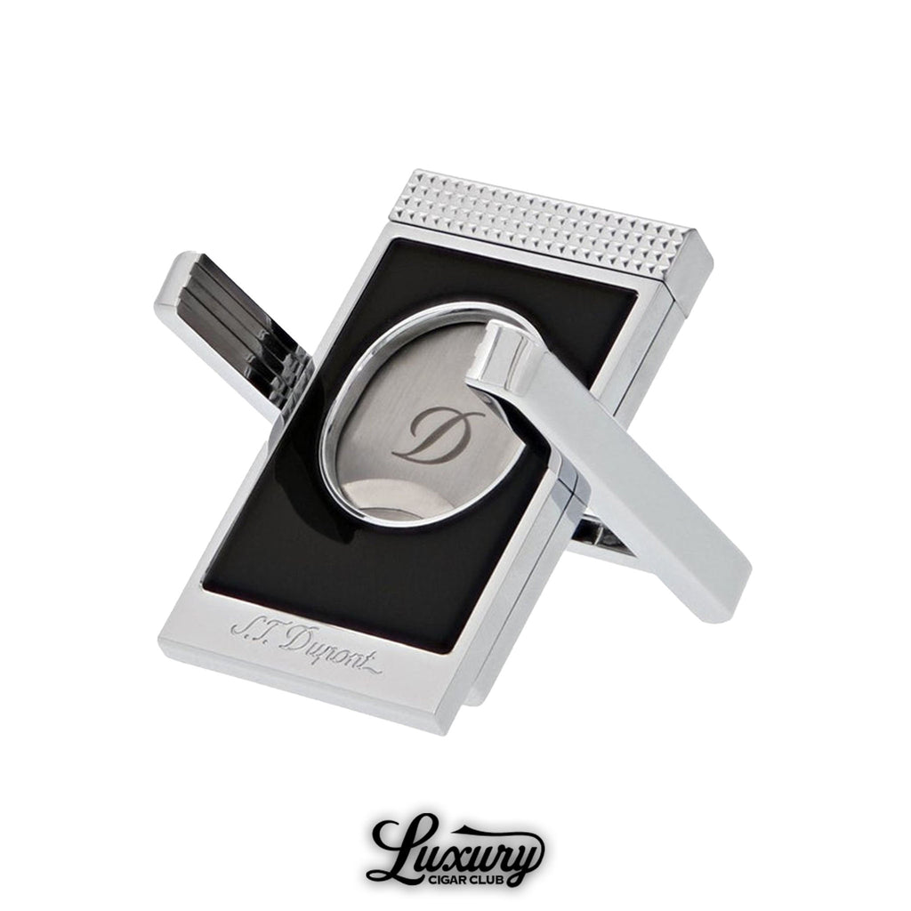 ST Dupont cigar cutter stand in black and chrome finish with open double-blade design displayed on white background luxury cigar club