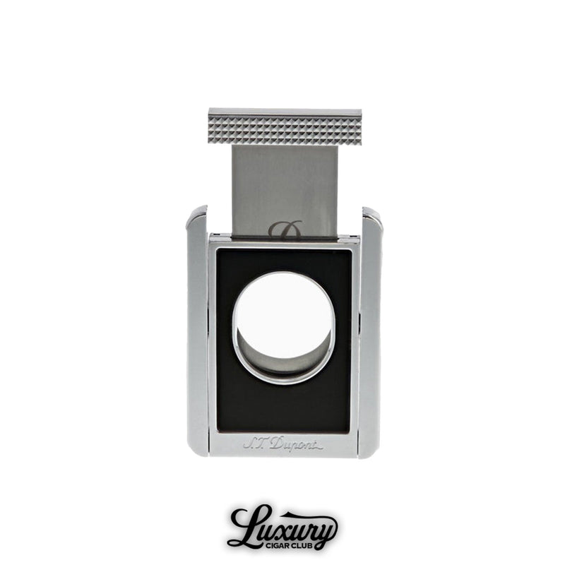 ST Dupont black chrome cigar cutter stand with extended blade showing precision cutting edge luxury cigar club