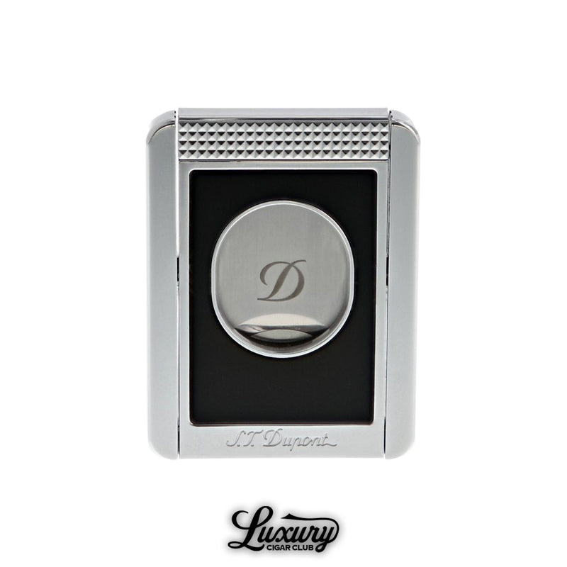 ST Dupont cigar cutter stand in closed position black and chrome detailing engraved ST Dupont logo luxury cigar club