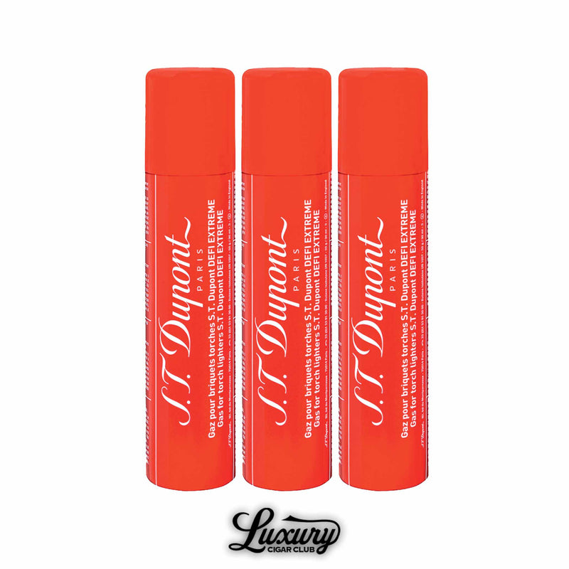 Three-pack of S.T. Dupont Defi Extreme gas refill canisters for torch lighters from Luxury Cigar Club.