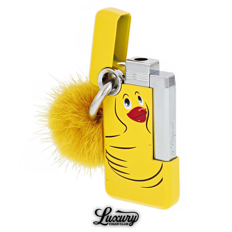 ST Dupont Hooked Single Jet Lighter in bright yellow Dildo duck design, accented with a fluffy pom-pom keychain, silver trim, and signature hook ring, from Luxury Cigar Club.