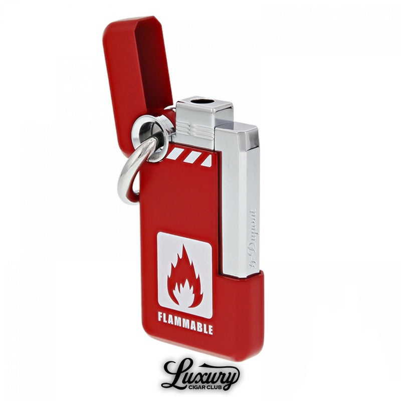 Bold ST Dupont Hooked single jet lighter in red lacquer with flammable icon artwork and chrome trim, compact premium lighter designed for cigar aficionados, sold at Luxury Cigar Club.