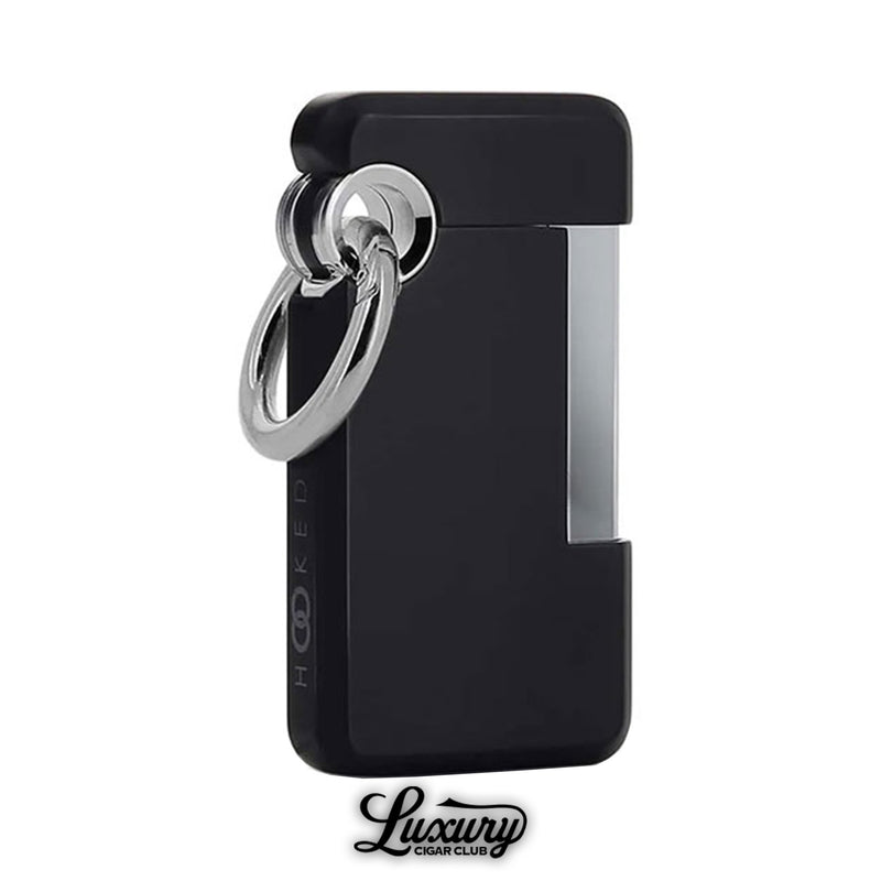 ST Dupont Hooked Single Jet Lighter in sleek Inferno black design with silver accents and signature hook ring, a stylish modern cigar lighter from Luxury Cigar Club.