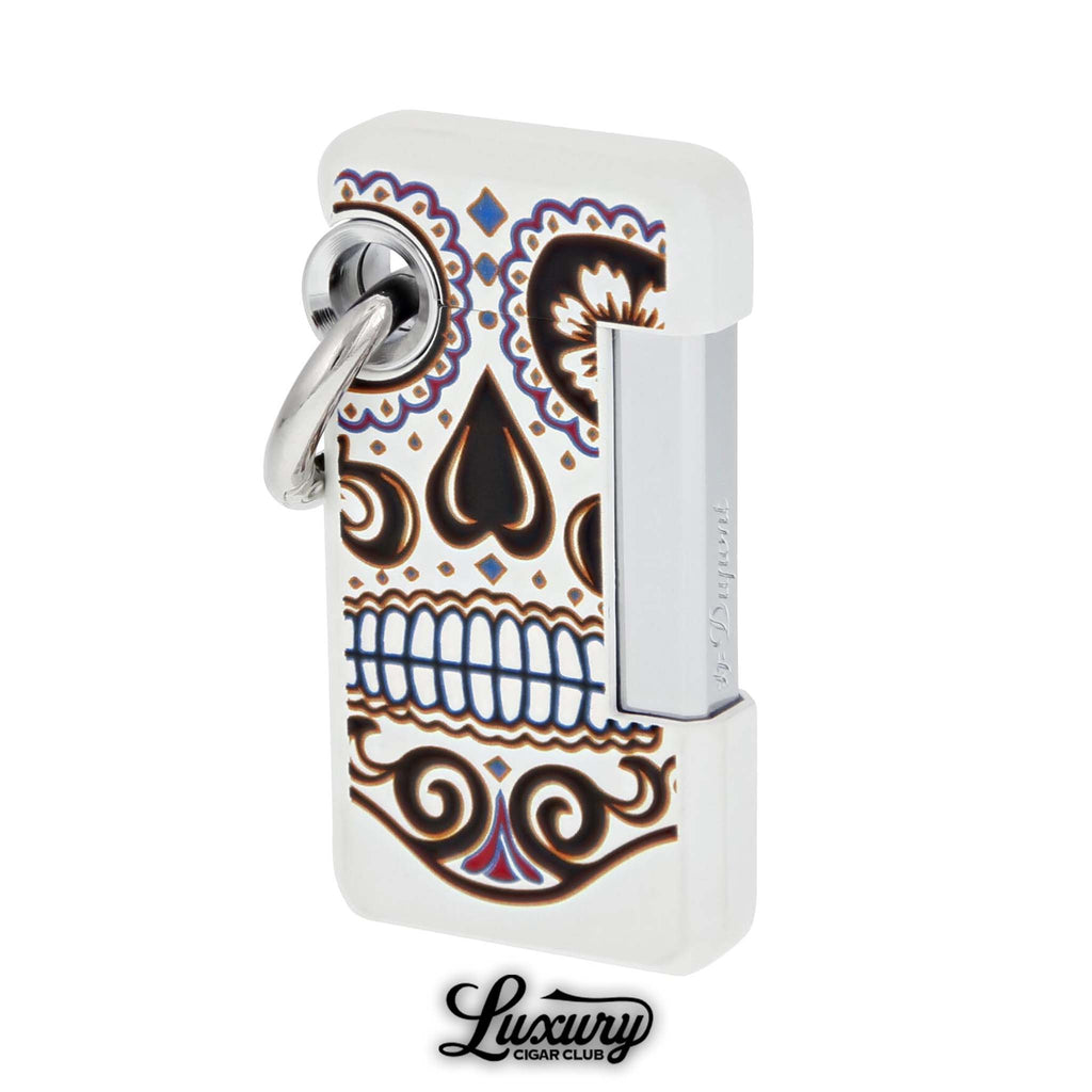 ST Dupont Hooked Single Jet Lighter in Mexico sugar skull design, featuring vibrant skull artwork with silver trim and keyring attachment, available at Luxury Cigar Club.