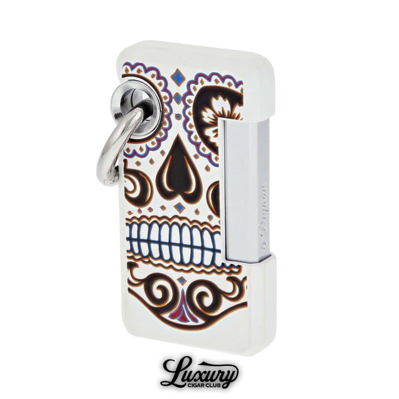 ST Dupont Hooked Single Jet Lighter in Mexico sugar skull design, featuring vibrant skull artwork with silver trim and keyring attachment, available at Luxury Cigar Club.