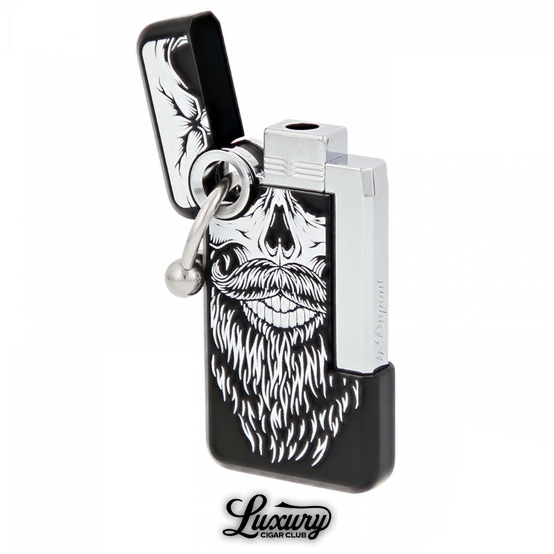 Stylish ST Dupont Hooked single jet flame lighter featuring a black and white tattoo-inspired bearded skull design, compact with chrome finish, perfect for cigar enthusiasts, available at Luxury Cigar Club.