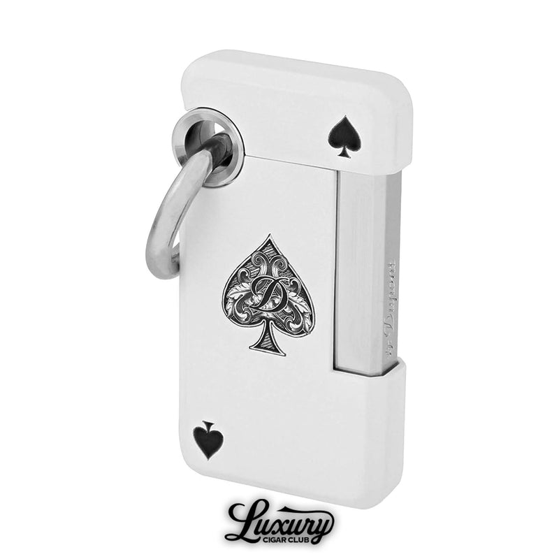 Distinctive ST Dupont Hooked single jet lighter in white lacquer with Ace of Spades card motif, chrome accents, stylish and collectible cigar lighter, available at Luxury Cigar Club.