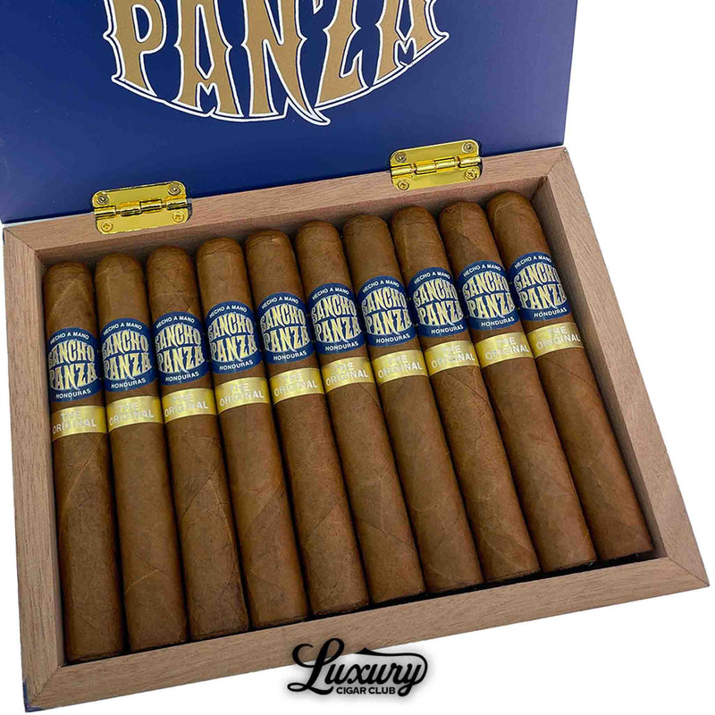 Close-up of Sancho Panza Original Robusto cigars showing golden brown wrappers and bold blue and gold cigar bands inside an open wooden box. Luxury Cigar Club logo beneath.