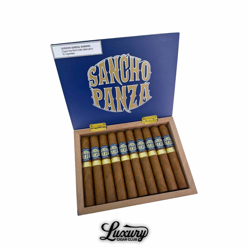 Open blue and wood box of Sancho Panza Original Robusto cigars from Honduras featuring ten cigars with blue and gold bands neatly arranged. Luxury Cigar Club logo displayed below.