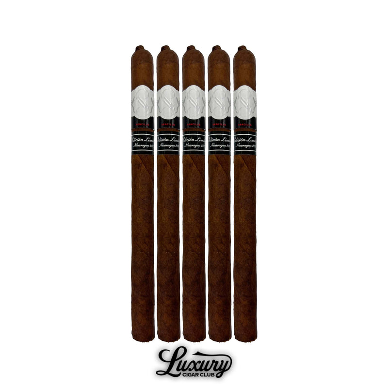 Five Sencillo Black Limited Edition Lancero cigars standing side by side with sleek black and white cigar bands against a white background with Luxury Cigar Club logo