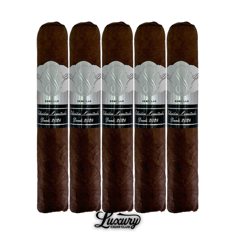 Five Sencillo Platinum Robusto cigars with rich brown wrappers and silver-and-black bands, displayed upright with Luxury Cigar Club branding.
