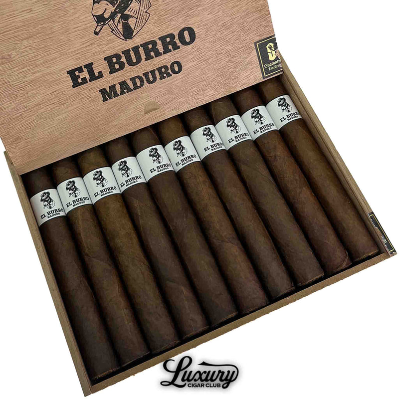 Close-up of Sinistro El Burro Maduro Presidente cigars in an open box, featuring dark brown wrappers, bold white bands with a donkey and fedora logo, and rustic wood box branding. Luxury Cigar Club logo displayed below.