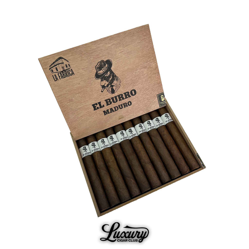 Open box of Sinistro El Burro Maduro Presidente cigars featuring dark wrappers, white bands with black artwork, and rustic wooden box lid marked "El Burro Maduro" with La Fabrica logo. Displayed above the Luxury Cigar Club logo.