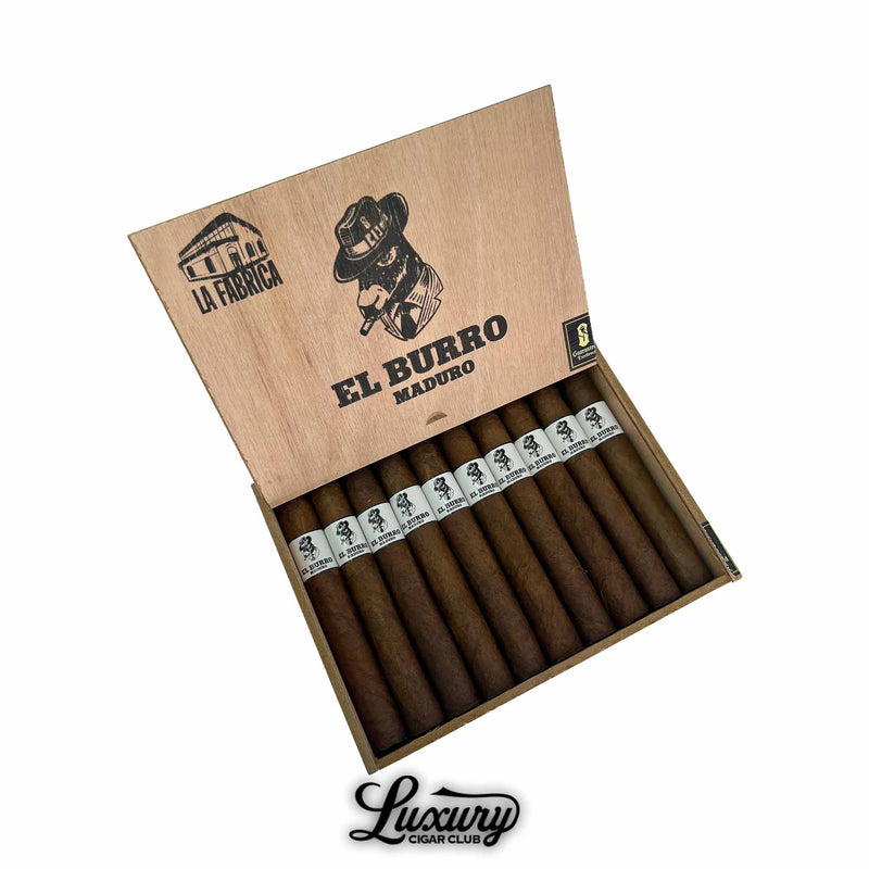 Open box of Sinistro El Burro Maduro Toro cigars, featuring dark brown wrappers, bold white bands with a donkey in a fedora logo, and a rustic wooden lid branded “El Burro Maduro” and “La Fabrica.” Displayed above the Luxury Cigar Club logo.