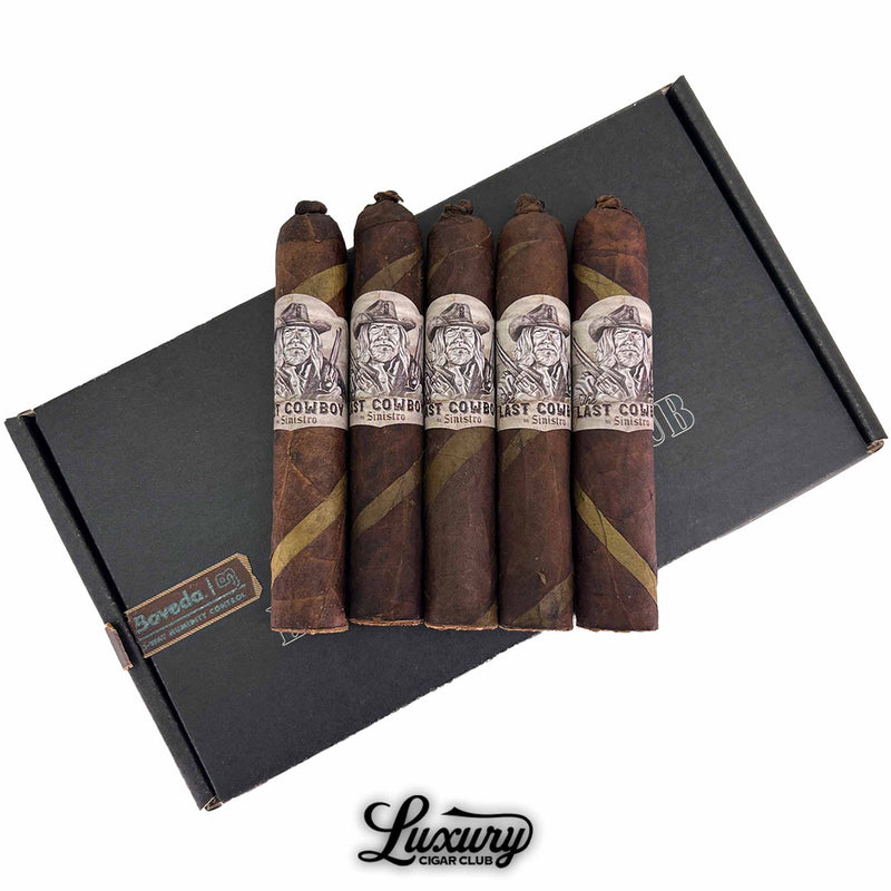 Close up of five Sinistro Last Cowboy Maduro Barber Pole Limited Edition Robusto cigars with dual wrapper barber pole design displayed on a black Luxury Cigar Club box