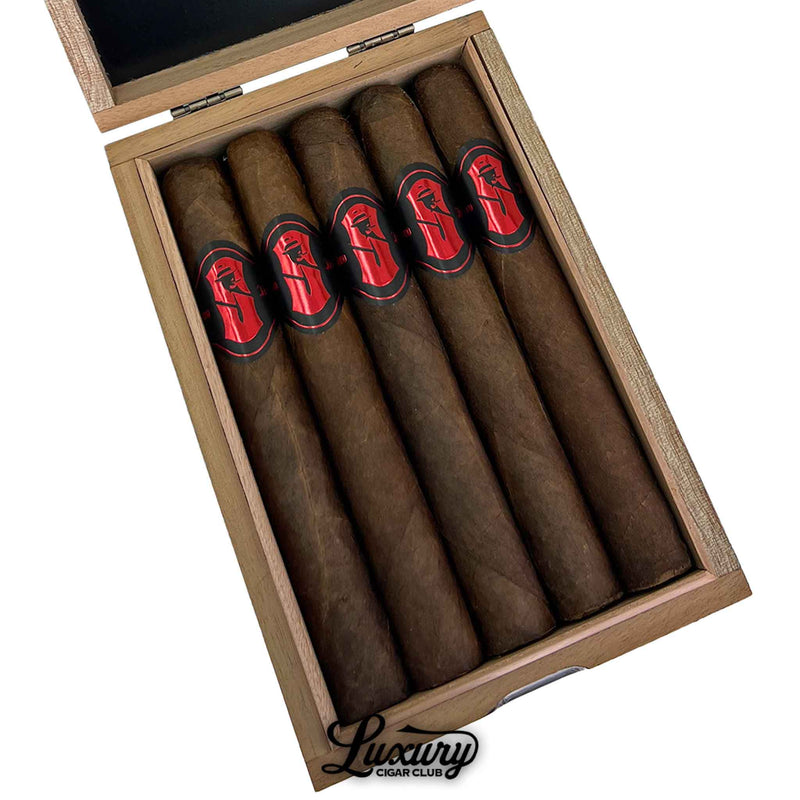 Close-up view of five Sinistro Mr. Red Presidente cigars neatly arranged in an open wooden box. Each cigar features a bold red and black band with the Sinistro logo. The Luxury Cigar Club branding appears at the bottom of the box.