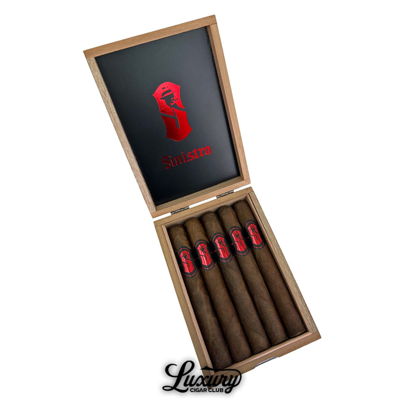Open wooden cigar box displaying five Sinistro Mr. Red Presidente cigars with dark wrappers and red-and-black bands, set against a black lid interior featuring a bold red Sinistro logo. Box is angled and branded with the Luxury Cigar Club logo at the bottom.
