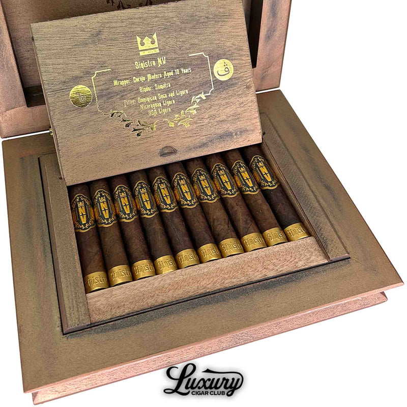 Close up view of Sinistro NV 2024 Limited Edition Orpheus Robusto cigars showing gold and black bands in wood display box by Luxury Cigar Club