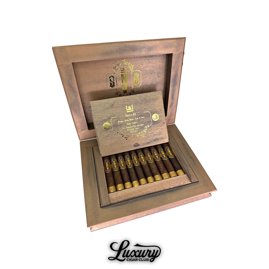 Box of Sinistro NV 2024 Limited Edition Orpheus Robusto cigars open with gold and black bands displayed inside luxury wood presentation box by Luxury Cigar Club