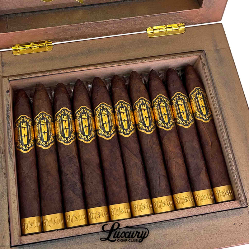 Close-up of Sinistro NV Minos cigars inside the box highlighting the rich wrapper texture and ornate navy-and-gold NV crest, by Luxury Cigar Club.