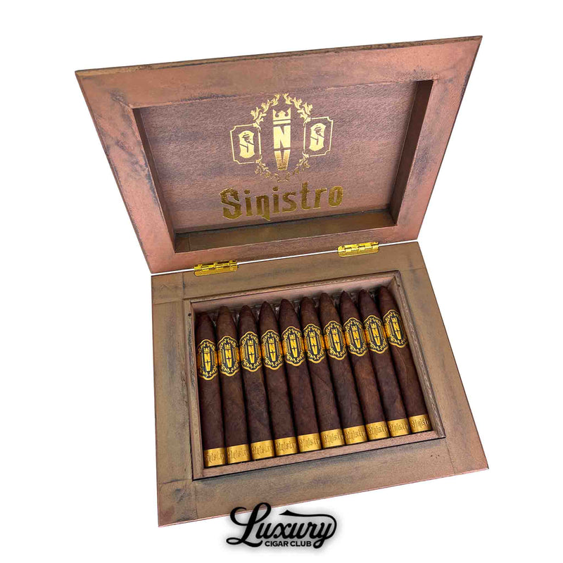 Open Sinistro NV Minos cigar box showing a full row of tapered dark-wrapped Minos cigars with gold NV bands, by Luxury Cigar Club.