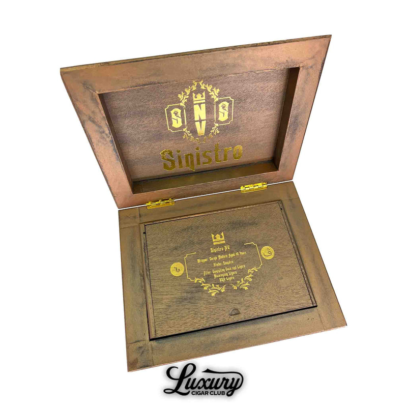 Interior lid of the Sinistro NV Minos box featuring gold-stamped Sinistro branding and blend information panel, by Luxury Cigar Club.