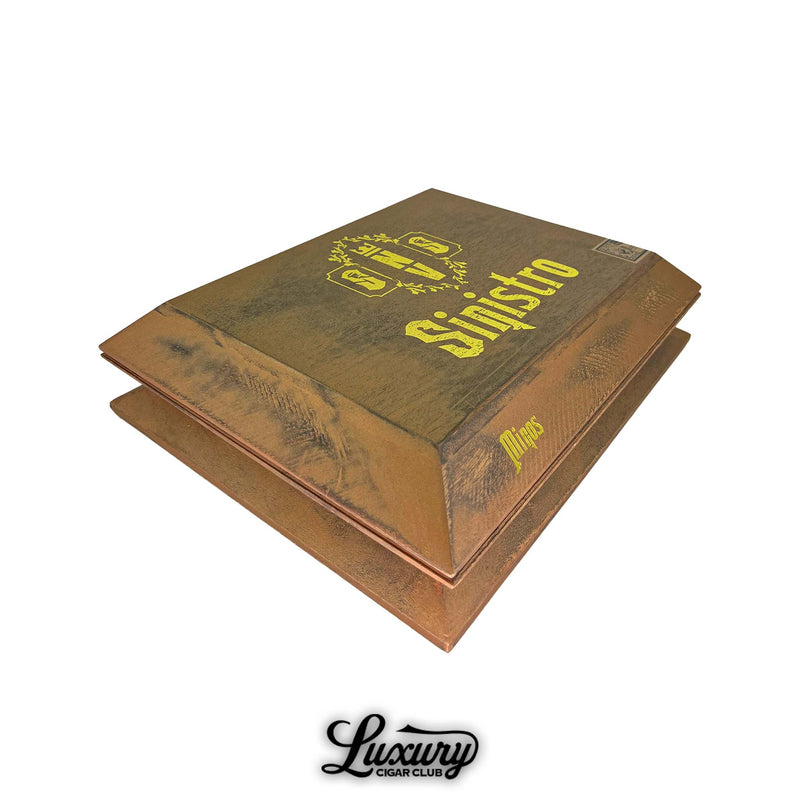 Angled side view of the Sinistro NV Minos edition box with distressed wooden finish and bold gold Minos lettering, by Luxury Cigar Club.