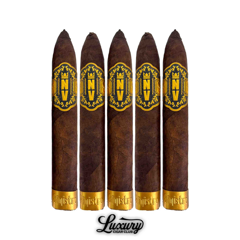 Five Sinistro NV Minos figurado cigars standing upright with pointed caps, dark wrappers, and metallic gold foot bands, by Luxury Cigar Club.