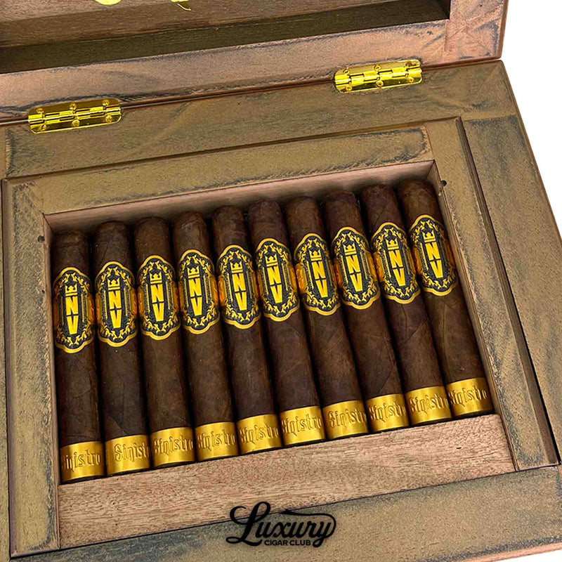 Close-up of Sinistro NV Orpheus cigars arranged in the box showing the textured wrapper and ornate gold NV crest detail, by Luxury Cigar Club.