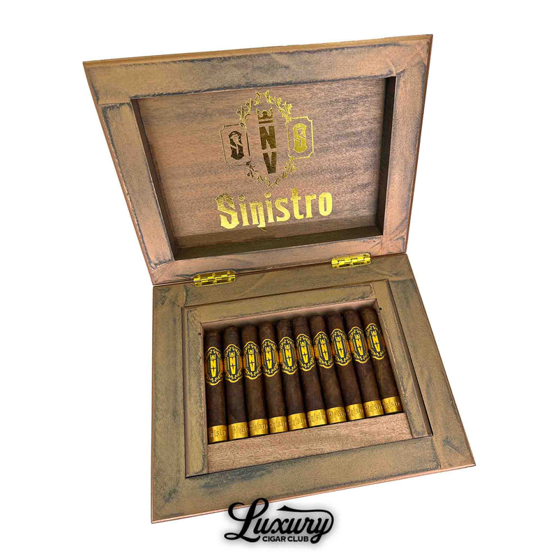 Open Sinistro NV Orpheus cigar box displaying a full row of tapered Orpheus cigars with dark wrappers and gold NV bands, by Luxury Cigar Club.